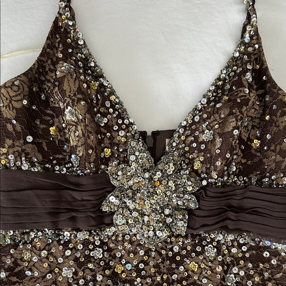 Elegant Brown Sequin Evening Gown 10 see measurements fits smaller